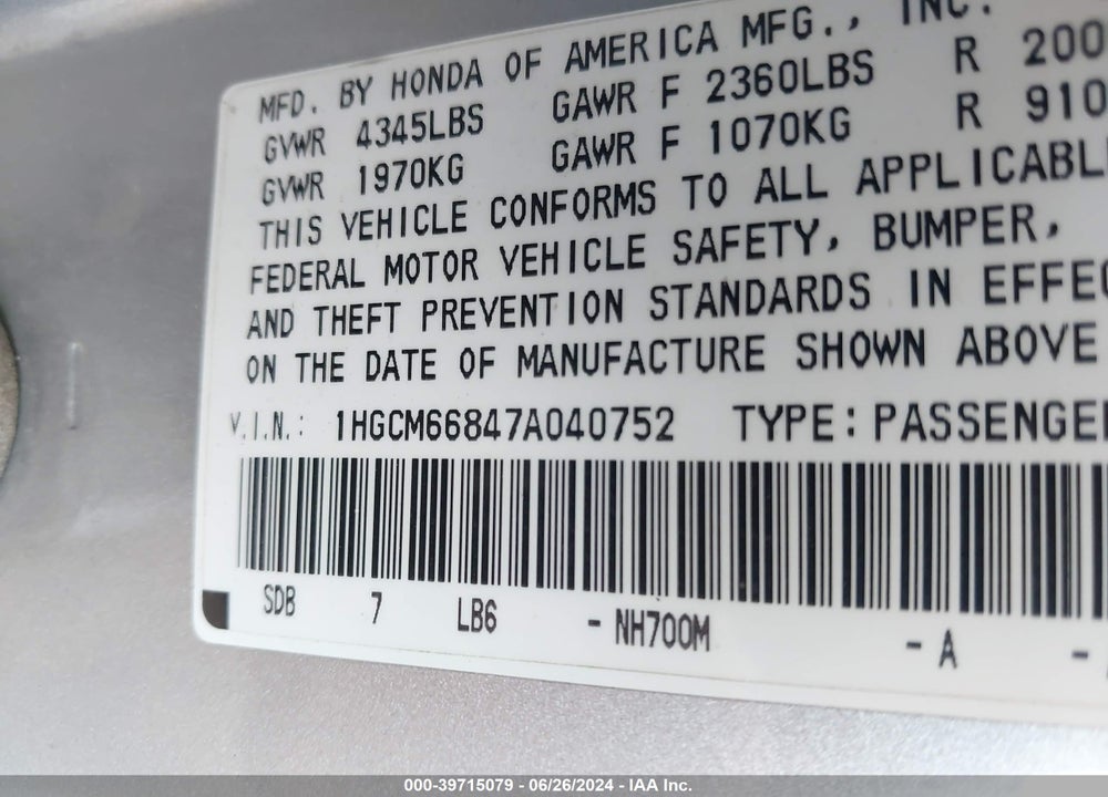 2007 HONDA ACCORD 3.0 EX VIN: 1HGCM66847A040752
