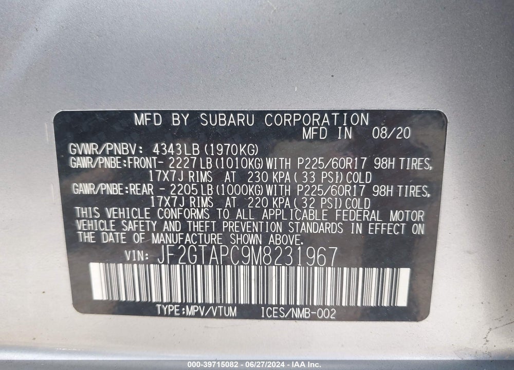 2021 SUBARU CROSSTREK PREMIUM VIN: JF2GTAPC9M8231967
