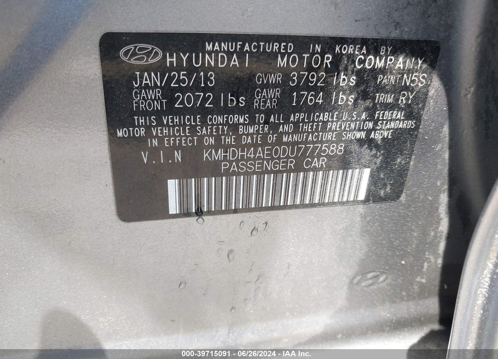 2013 HYUNDAI ELANTRA LIMITED VIN: KMHDH4AE0DU777588