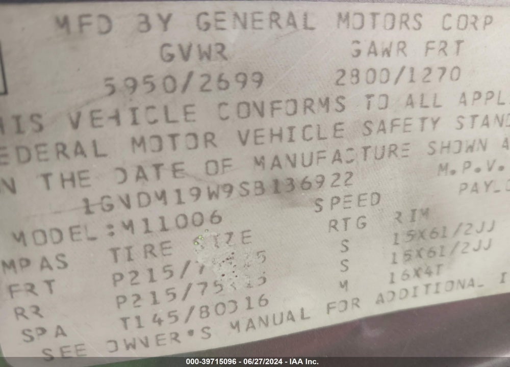 1995 CHEVROLET ASTRO VIN: 1GNDM19W9SB136922