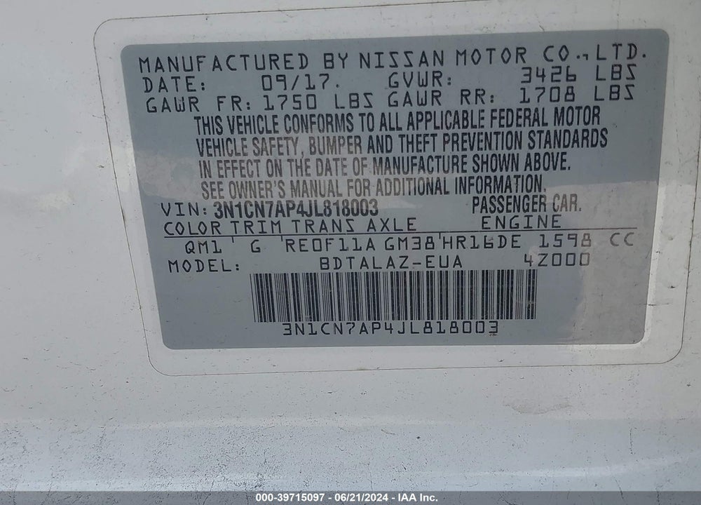 2018 NISSAN VERSA 1.6 S+ VIN: 3N1CN7AP4JL818003