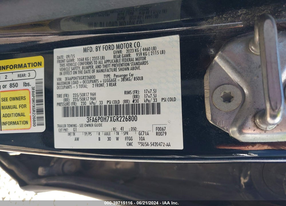 2016 FORD FUSION SE VIN: 3FA6P0H7XGR226800