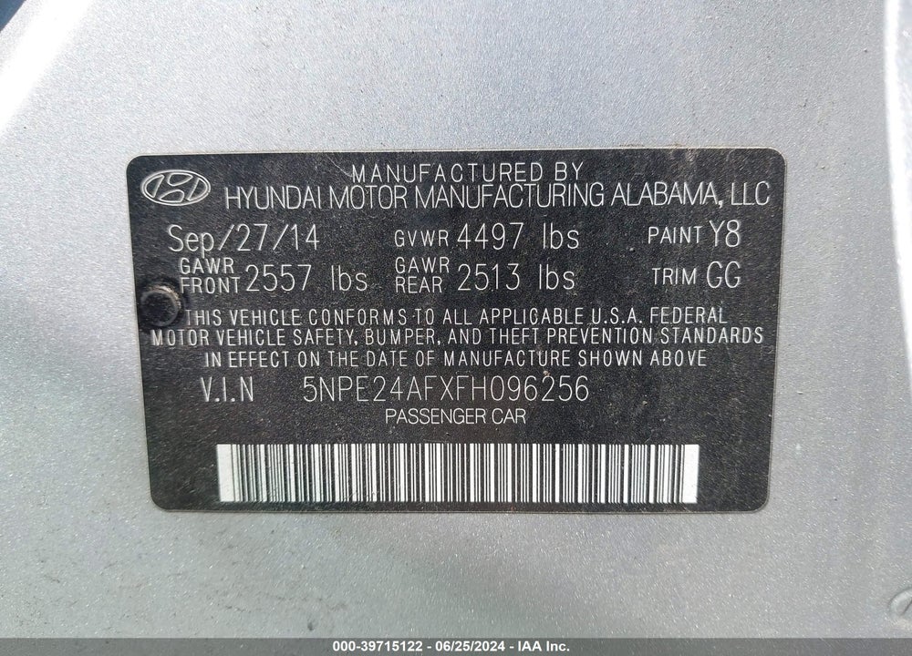 2015 HYUNDAI SONATA SE VIN: 5NPE24AFXFH096256