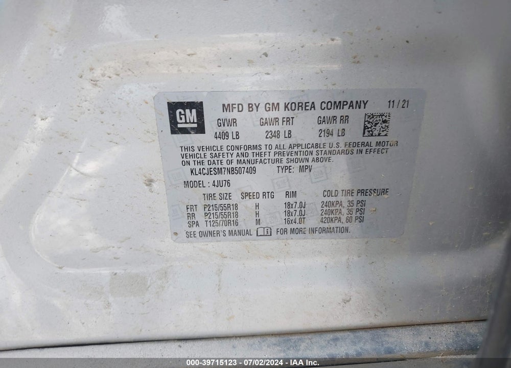 2022 BUICK ENCORE AWD PREFERRED VIN: KL4CJESM7NB507409