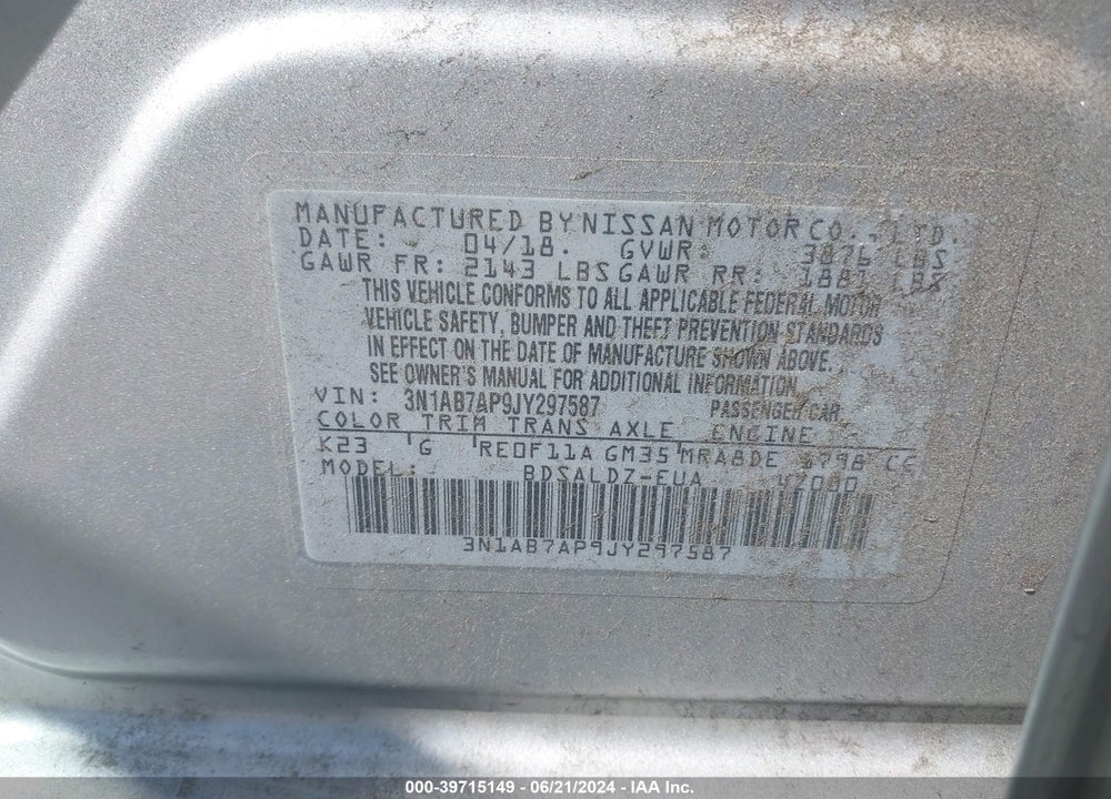 2018 NISSAN SENTRA SV VIN: 3N1AB7AP9JY297587
