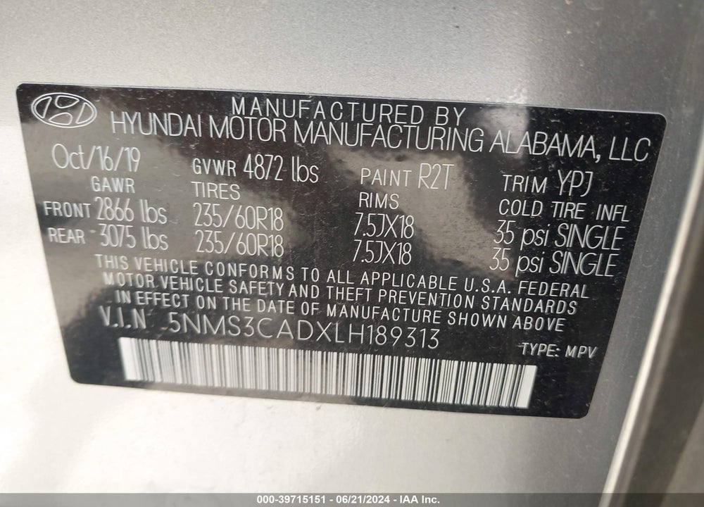 2020 HYUNDAI SANTA FE VIN: 5NMS3CADXLH189313