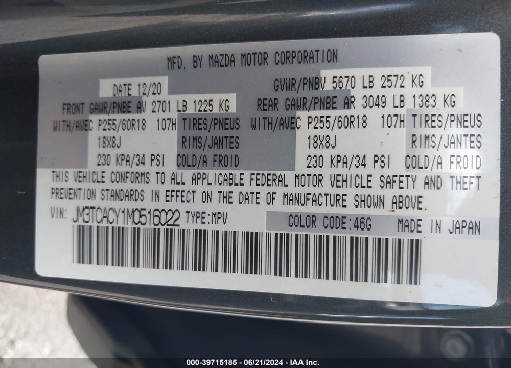 2021 MAZDA CX-9 TOURING VIN: JM3TCACY1M0516022