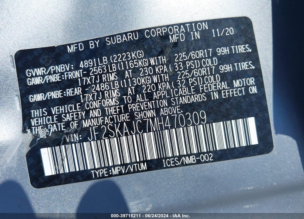 2021 SUBARU FORESTER PREMIUM VIN: JF2SKAJC7MH470309