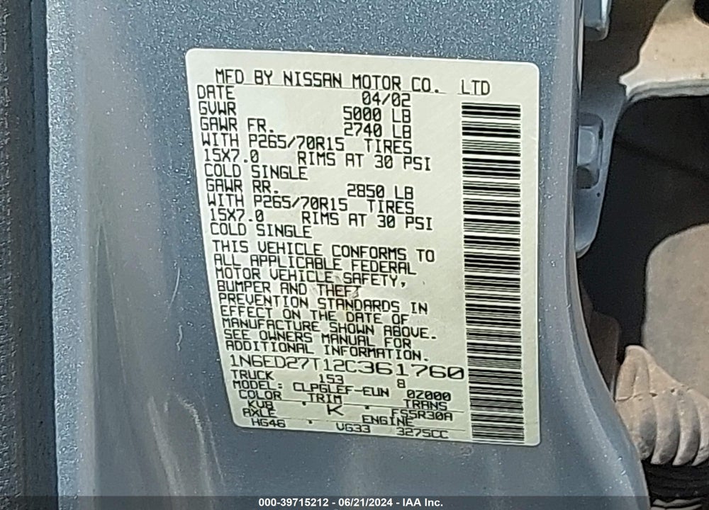 2002 NISSAN FRONTIER XE-V6 VIN: 1N6ED27T12C361760