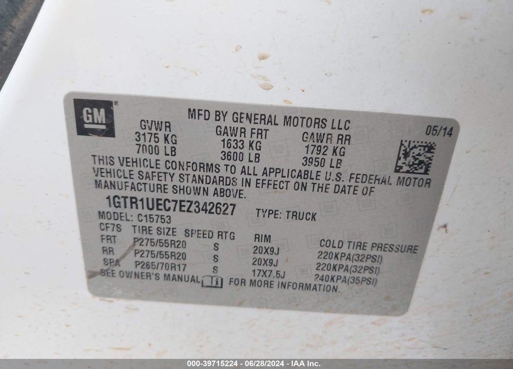 2014 GMC SIERRA 1500 SLE VIN: 1GTR1UEC7EZ342627