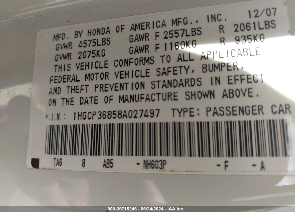 2008 HONDA ACCORD 3.5 EX-L VIN: 1HGCP36858A027497