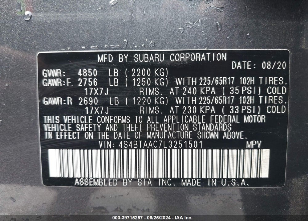 2020 SUBARU OUTBACK VIN: 4S4BTAAC7L3251501