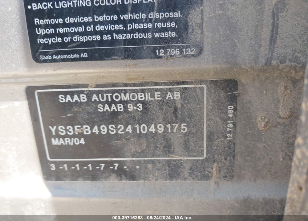 2004 SAAB 9-3 LINEAR VIN: YS3FB49S241049175
