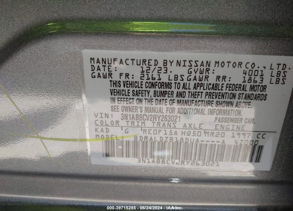 2024 NISSAN SENTRA SV XTRONIC CVT VIN: 3N1AB8CV2RY263021