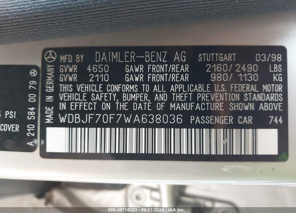 1998 MERCEDES-BENZ E 430 VIN: WDBJF70F7WA638036