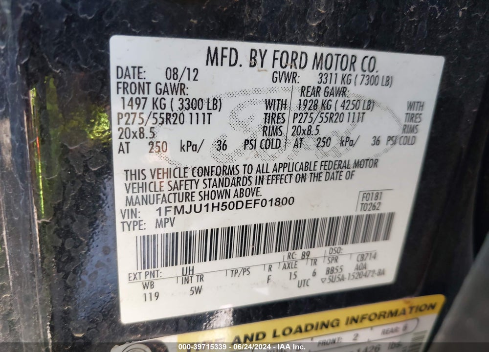 2013 FORD EXPEDITION KING RANCH VIN: 1FMJU1H50DEF01800