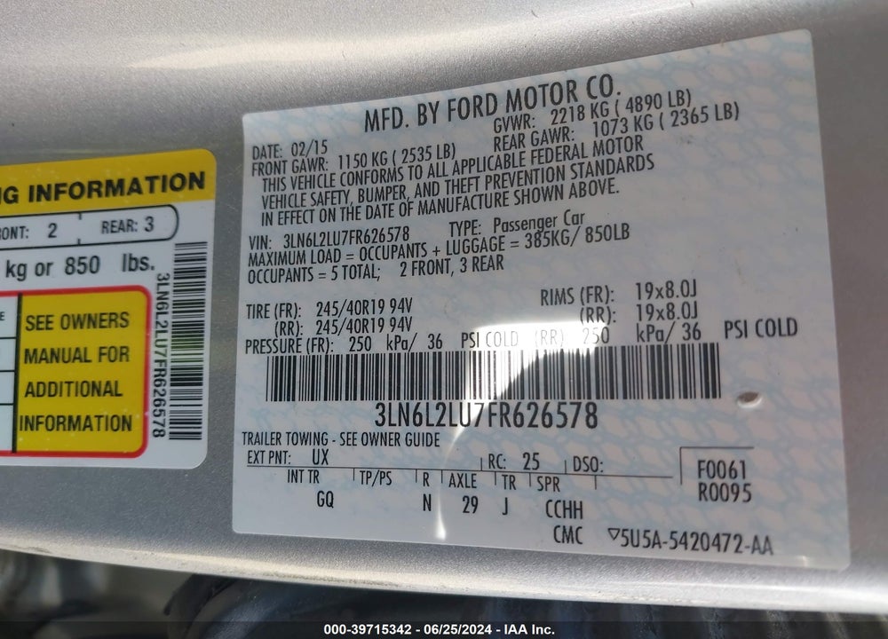 2015 LINCOLN MKZ HYBRID VIN: 3LN6L2LU7FR626578