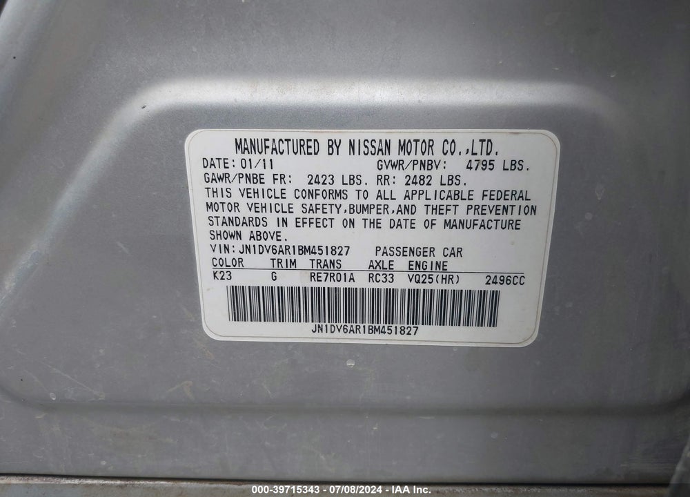 2011 INFINITI G25X VIN: JN1DV6AR1BM451827