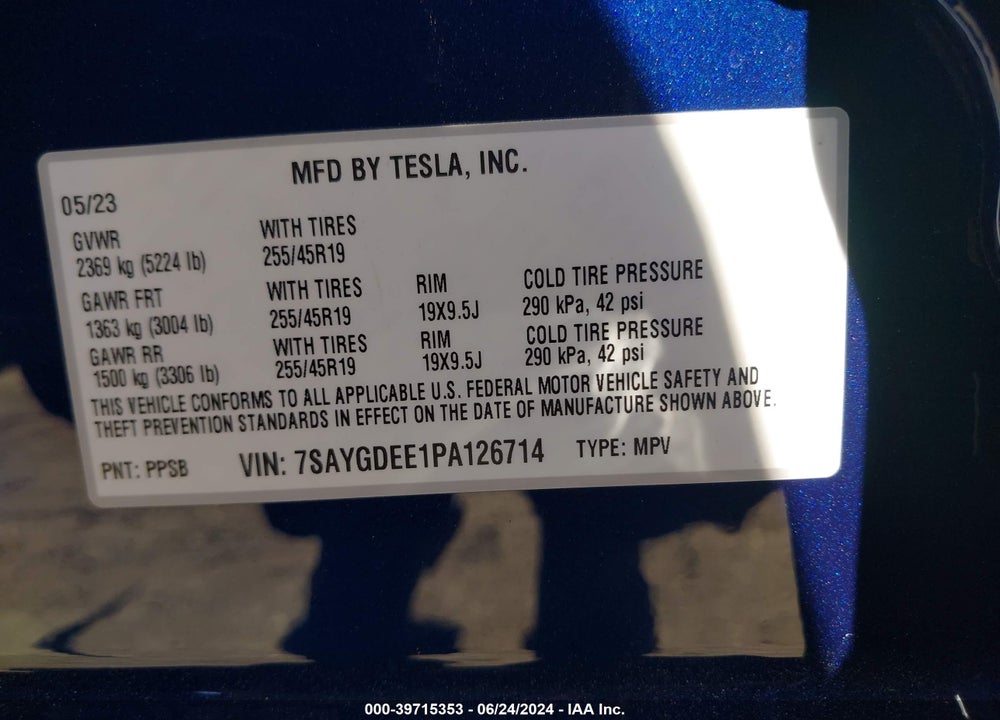 2023 TESLA MODEL Y AWD/LONG RANGE DUAL MOTOR ALL-WHEEL DRIVE VIN: 7SAYGDEE1PA126714
