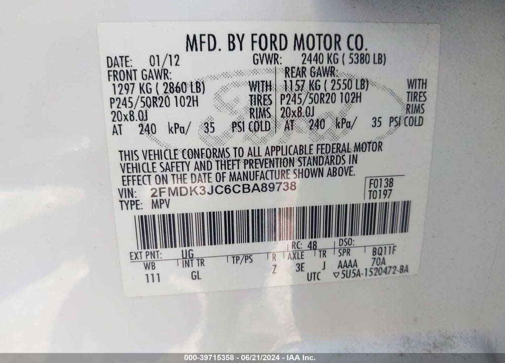 2012 FORD EDGE SEL VIN: 2FMDK3JC6CBA89738