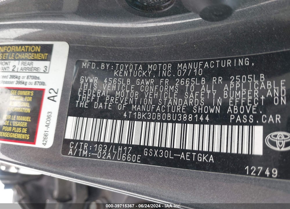 2011 TOYOTA AVALON VIN: 4T1BK3DB0BU388144