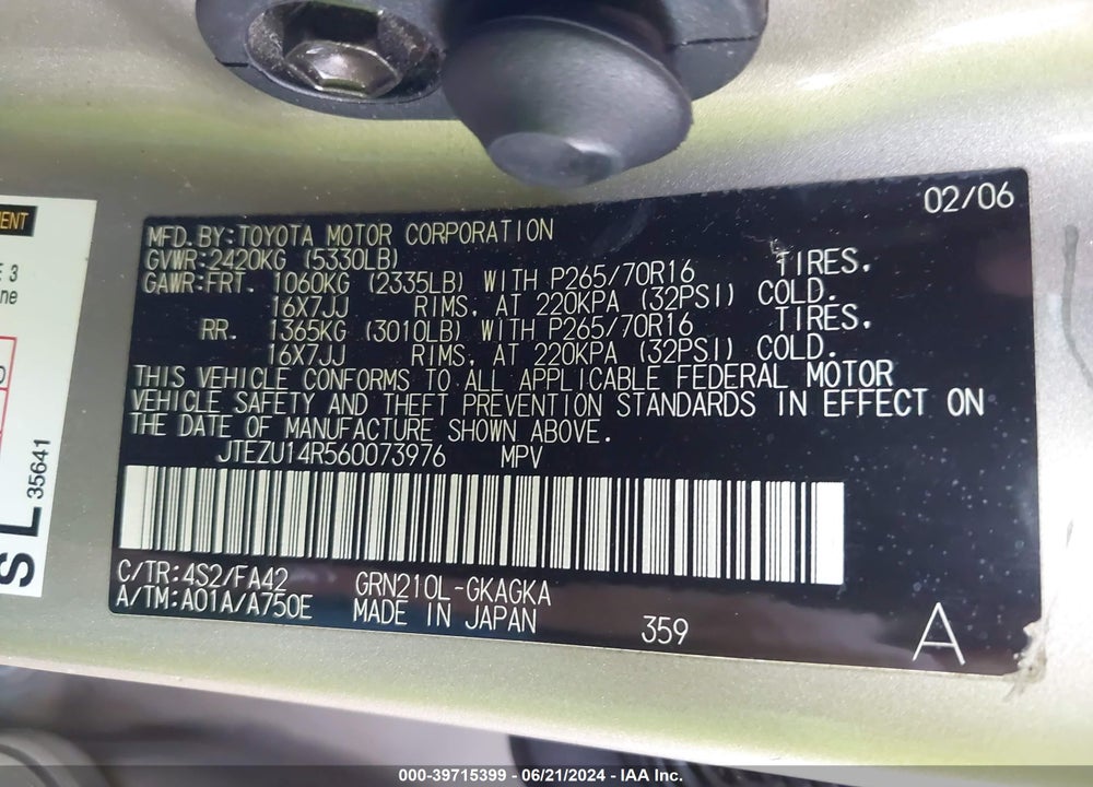 2006 TOYOTA 4RUNNER SR5 V6 VIN: JTEZU14R560073976