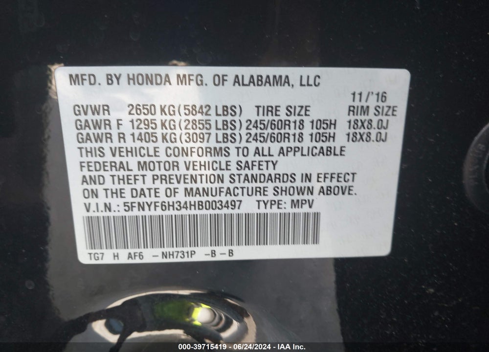 2017 HONDA PILOT EX VIN: 5FNYF6H34HB003497