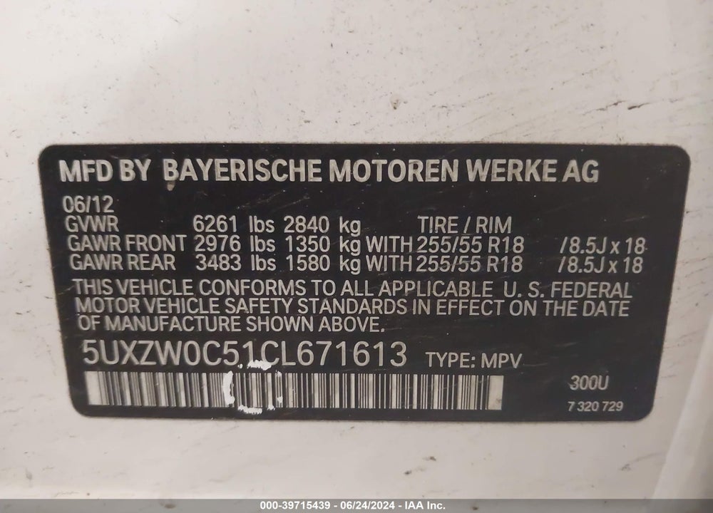 2012 BMW X5 XDRIVE35D VIN: 5UXZW0C51CL671613