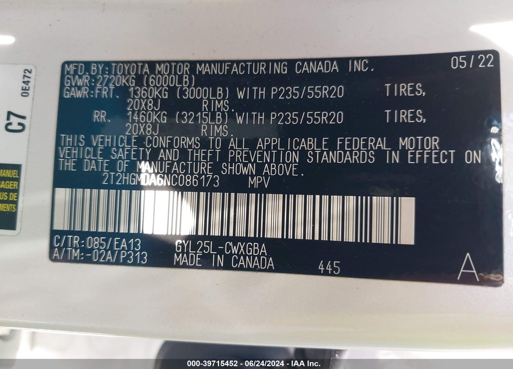 2022 LEXUS RX 450H VIN: 2T2HGMDA6NC086173