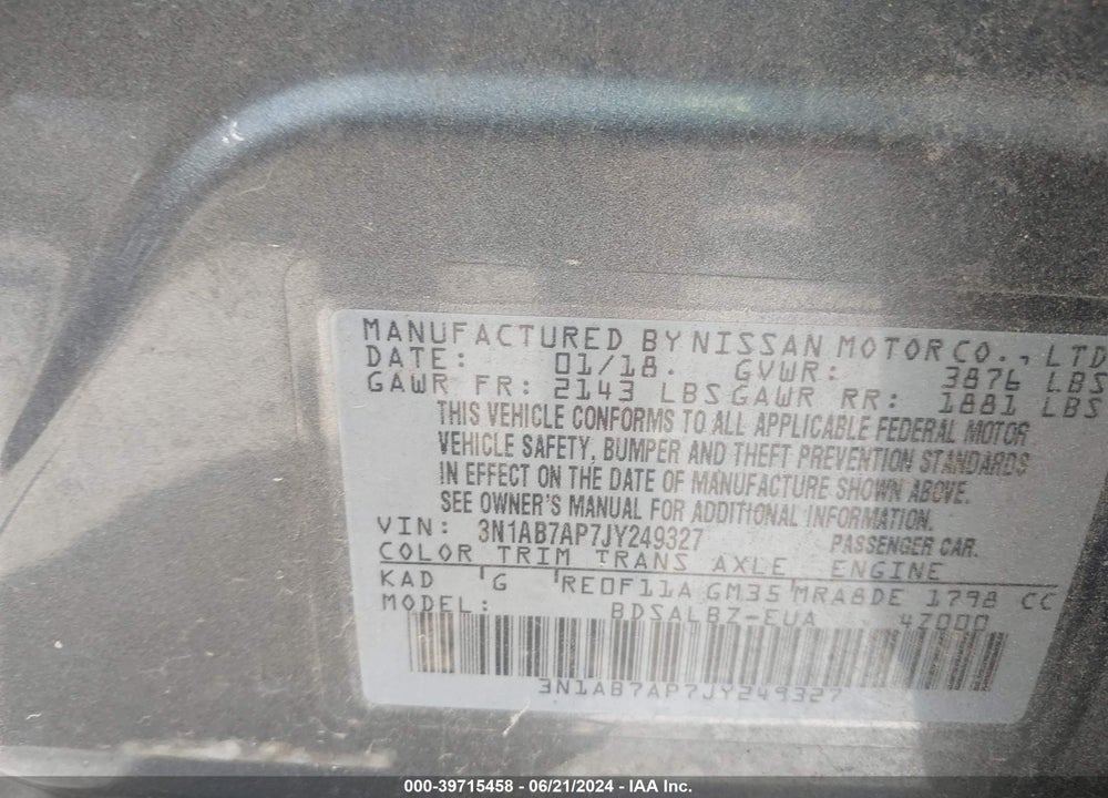 2018 NISSAN SENTRA VIN: 3N1AB7AP7JY249327