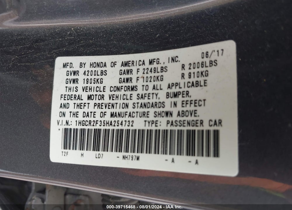 2017 HONDA ACCORD LX VIN: 1HGCR2F35HA254732