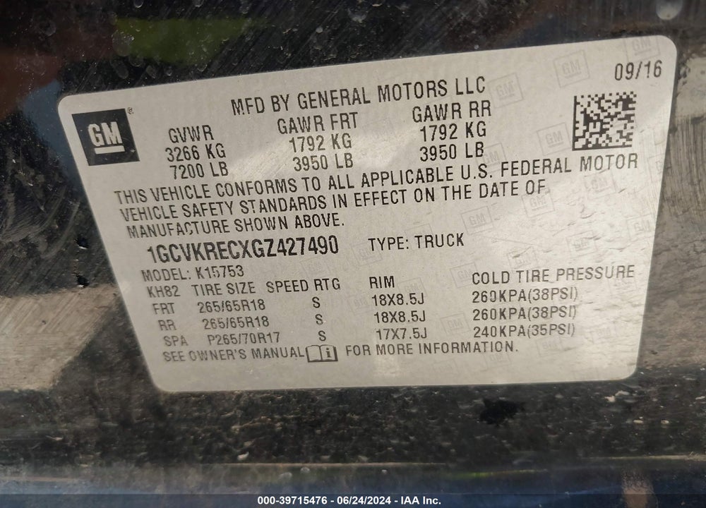 2016 CHEVROLET SILVERADO 1500 2LT VIN: 1GCVKRECXGZ427490