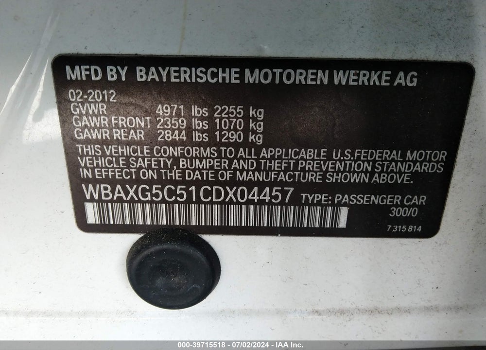 2012 BMW 528I VIN: WBAXG5C51CDX04457
