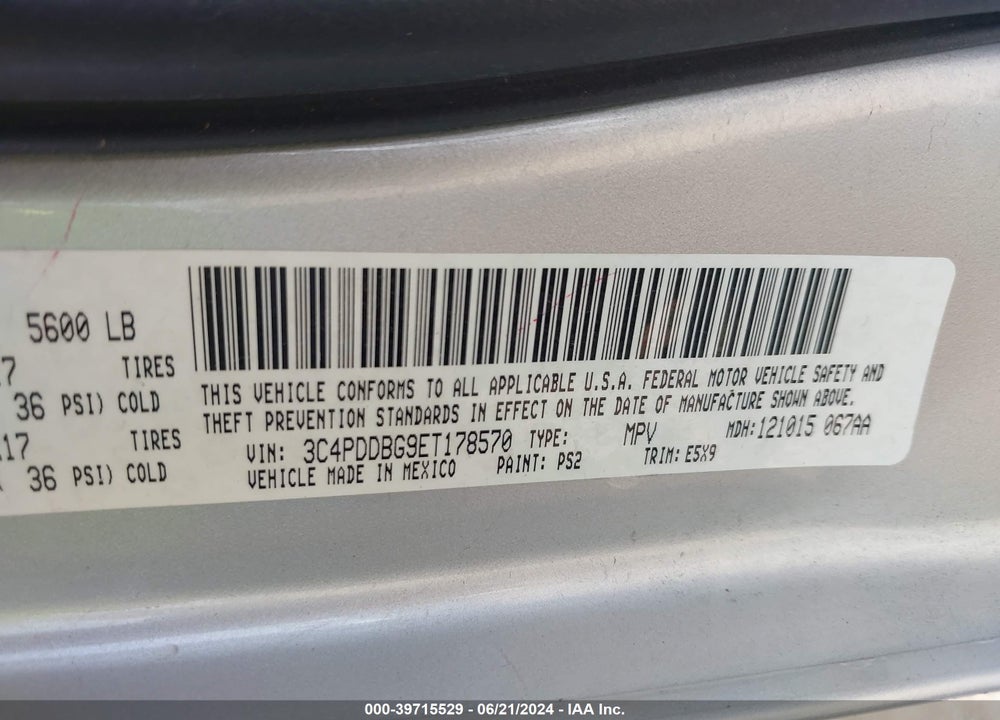 2014 DODGE JOURNEY SXT VIN: 3C4PDDBG9ET178570