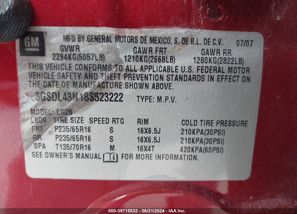 2008 SATURN VUE V6 XE VIN: 3GSDL43N18S523222