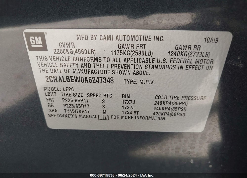 2010 CHEVROLET EQUINOX LS VIN: 2CNALBEW0A6247348