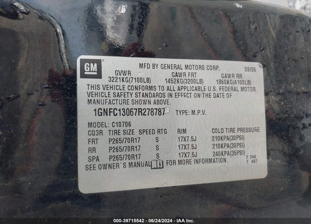2007 CHEVROLET TAHOE LT VIN: 1GNFC13067R278787