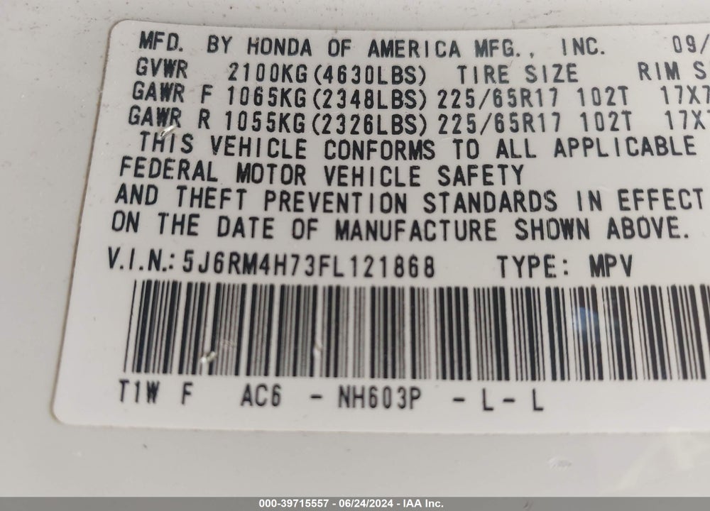 2015 HONDA CR-V EX-L VIN: 5J6RM4H73FL121868