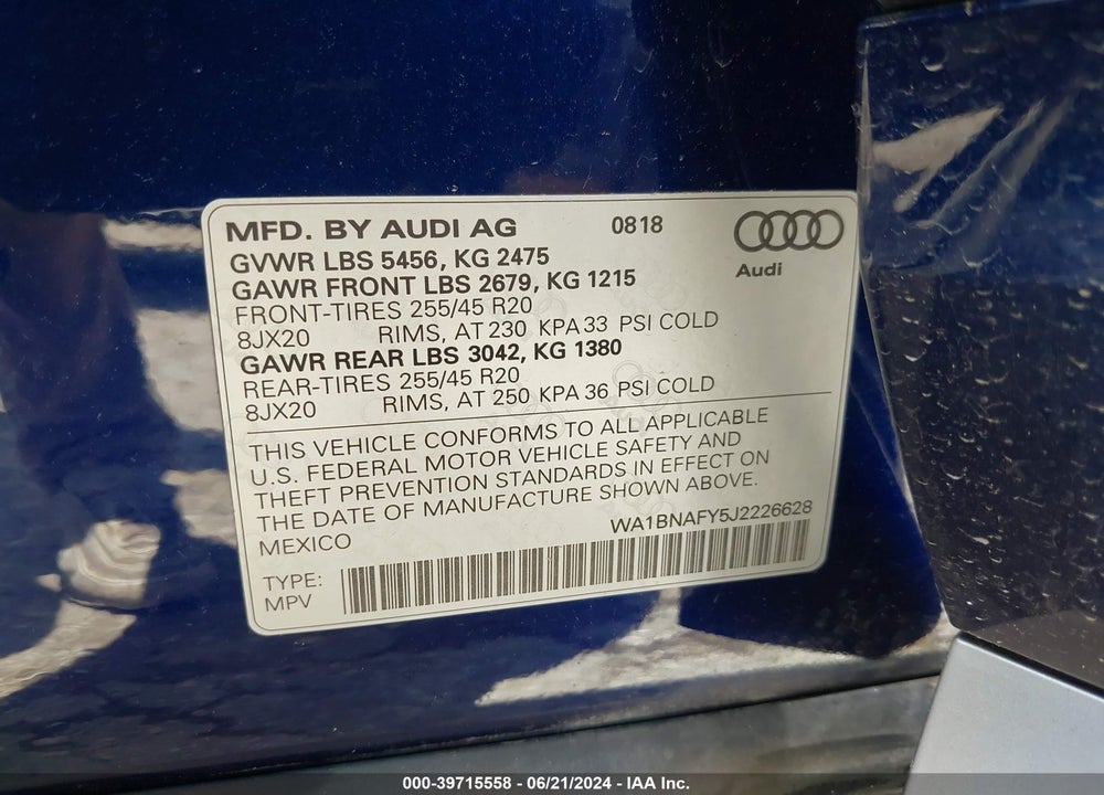 2018 AUDI Q5 2.0T PREMIUM/2.0T TECH PREMIUM VIN: WA1BNAFY5J2226628