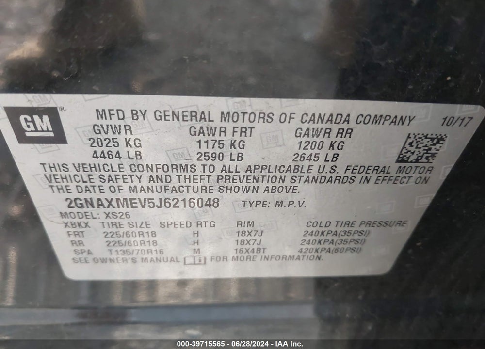 2018 CHEVROLET EQUINOX PREMIER VIN: 2GNAXMEV5J6216048
