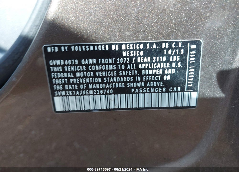 2014 VOLKSWAGEN JETTA 2.0L S VIN: 3VW2K7AJ0EM226740