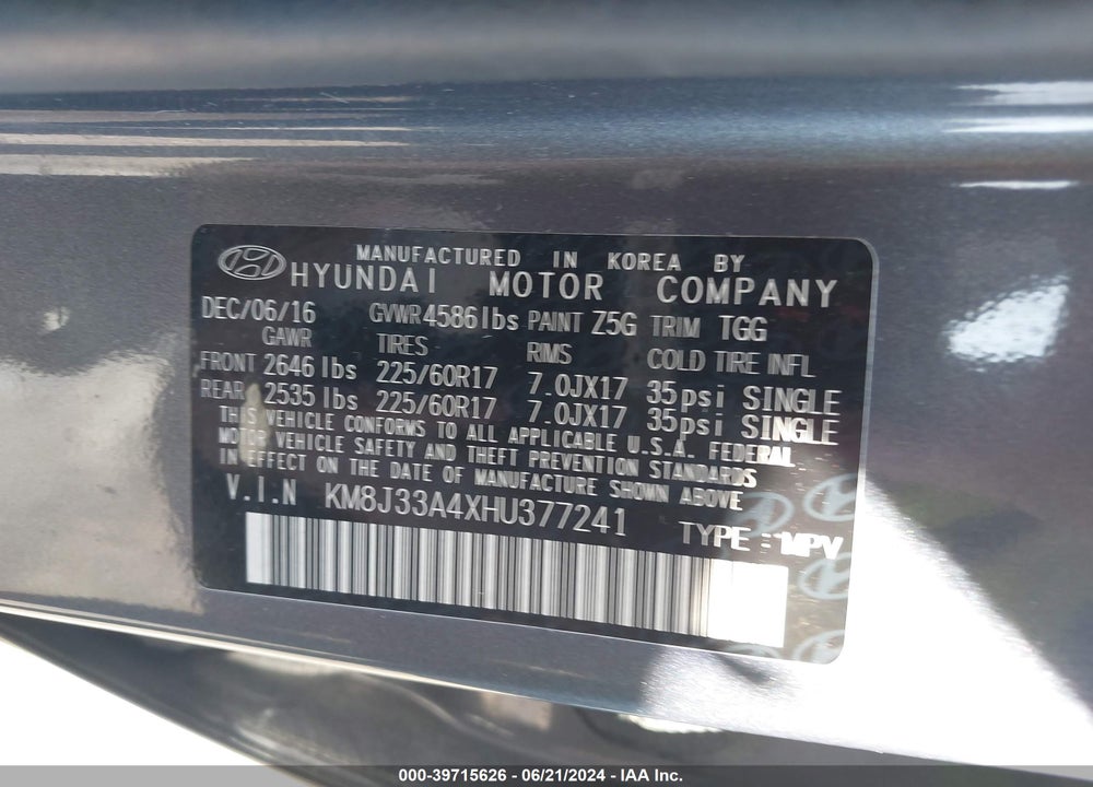 2017 HYUNDAI TUCSON SE VIN: KM8J33A4XHU377241