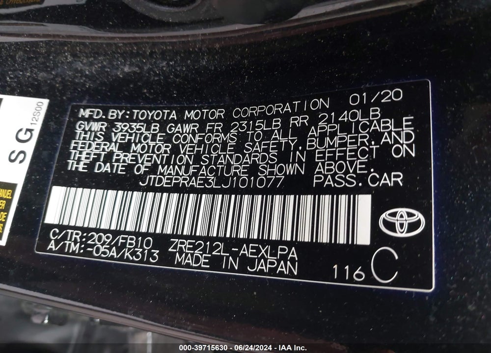 2020 TOYOTA COROLLA LE VIN: JTDEPRAE3LJ101077