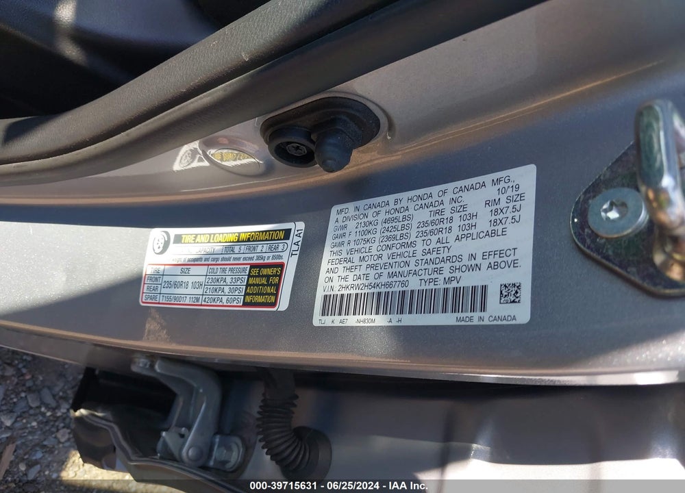 2019 HONDA CR-V EX VIN: 2HKRW2H54KH667760