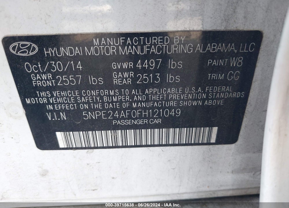 2015 HYUNDAI SONATA VIN: 5NPE24AF0FH121049