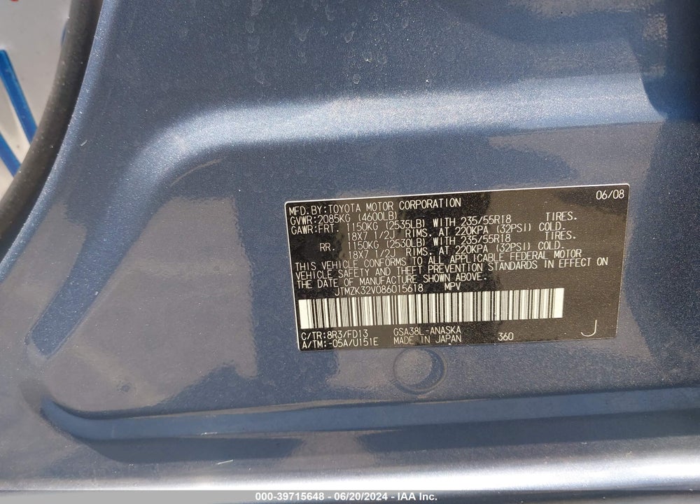 2008 TOYOTA RAV4 SPORT V6 VIN: JTMZK32V086015618