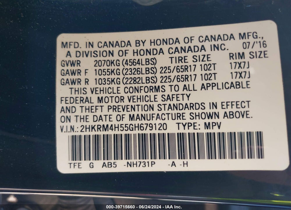 2016 HONDA CR-V EX VIN: 2HKRM4H55GH679120