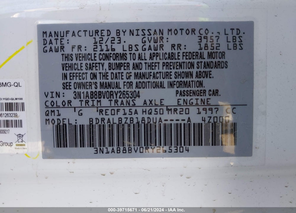 2024 NISSAN SENTRA S XTRONIC CVT VIN: 3N1AB8BV0RY265304
