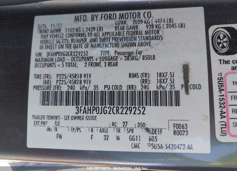 2012 FORD FUSION SEL VIN: 3FAHP0JG2CR229252