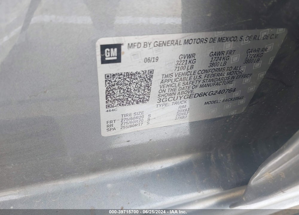 2019 CHEVROLET SILVERADO 1500 LTZ VIN: 3GCUYGED6KG240764